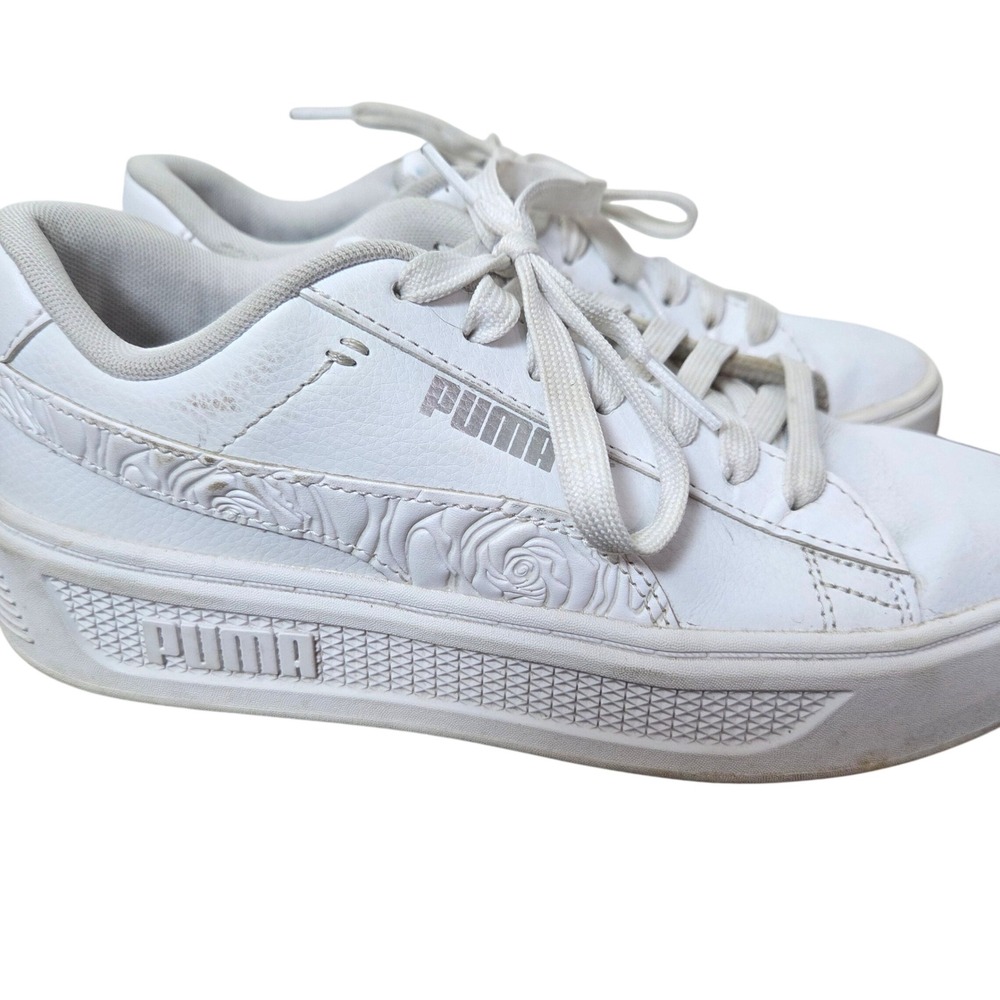 Puma Carina Platform Sneakers White Embossed Floral Lace Up Womens 7.5‎